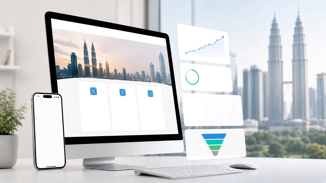 Desktop and phone showing a Malaysian business website, with the Kuala Lumpur skyline behind a comparison of web design options.