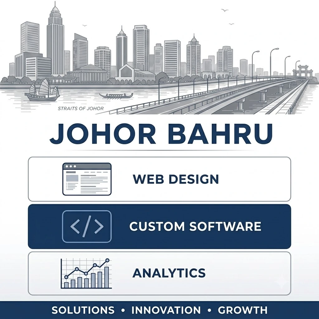 Flat illustration of web design, custom software, and analytics for Johor Bahru and southern Malaysia businesses