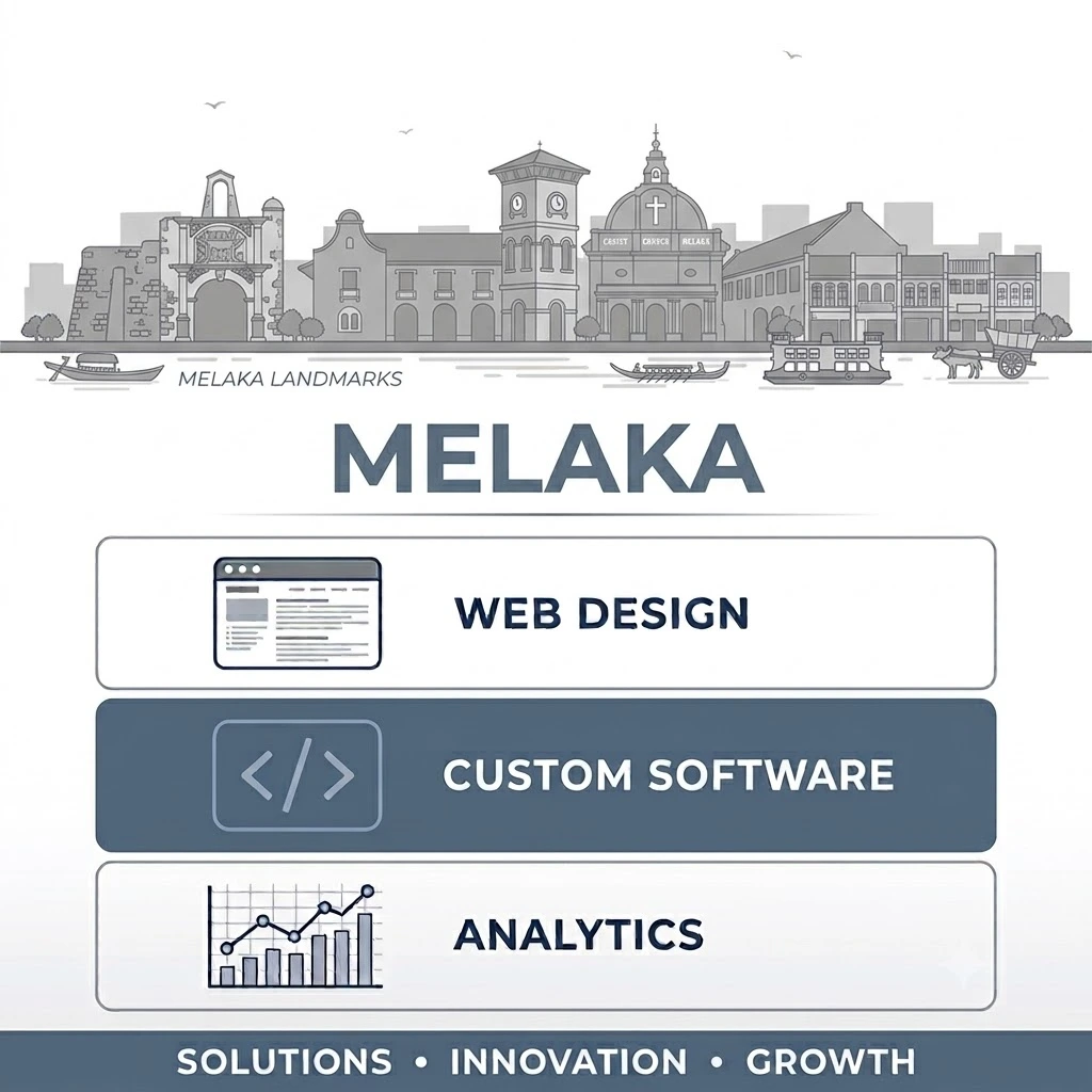 Flat illustration of web design, custom software, and analytics for Melaka heritage tourism and SME businesses