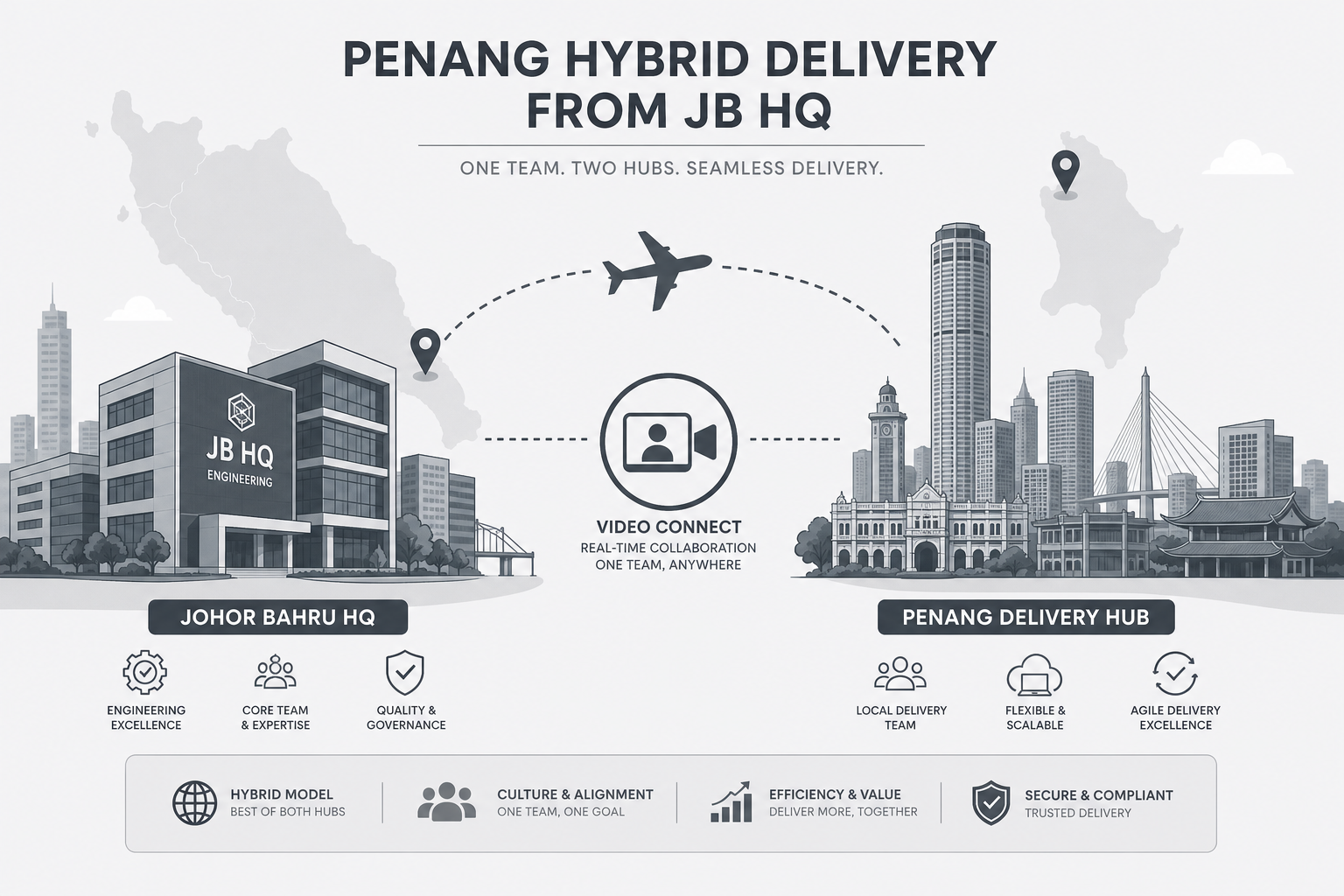 Xantec hybrid delivery model—Johor Bahru engineering HQ supporting Penang clients via agile virtual sprints and on-site workshops