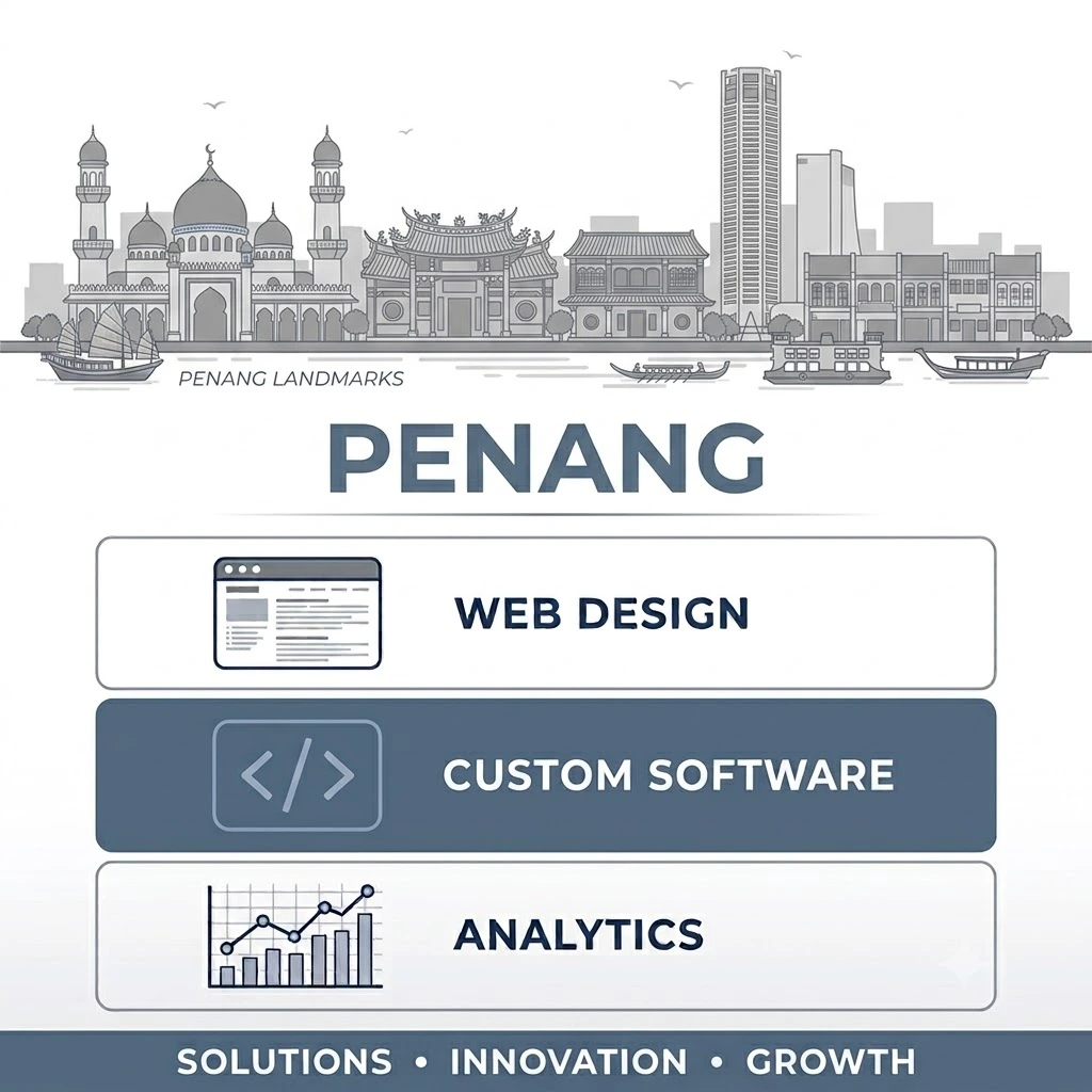 Flat illustration of web design, custom software, and analytics for Penang and Malaysia businesses