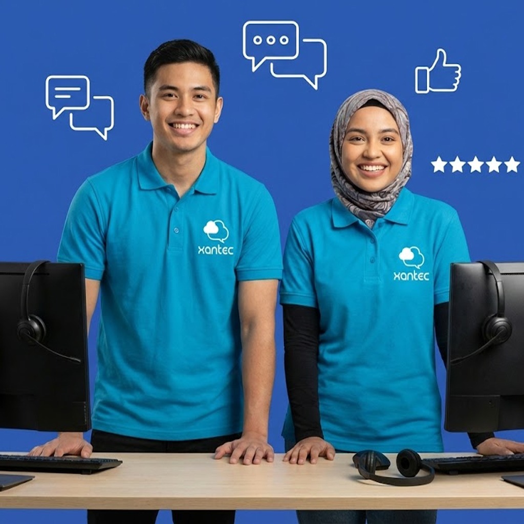Xantec support staff at the service desk in branded uniforms.