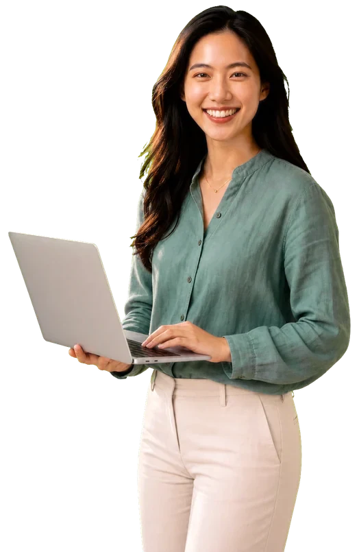 Malaysian business professional holding an open laptop with AutoCount accounting software