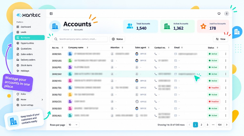 Accounts list with company name, sales agent, contact, and status