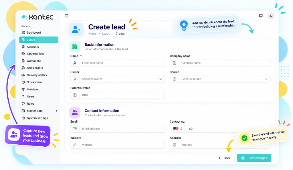 Create lead form with company, owner, source, and contact fields