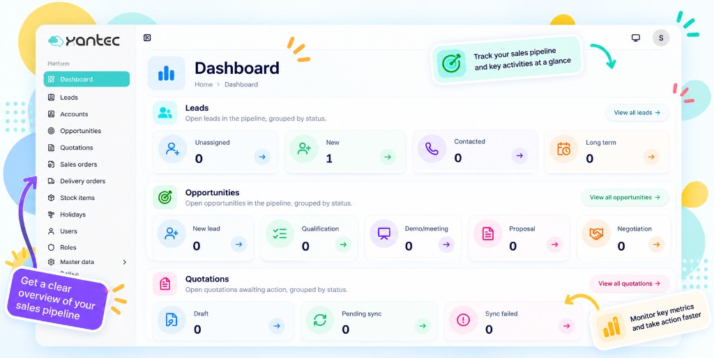 CRM dashboard with leads, opportunities, and quotations grouped by status