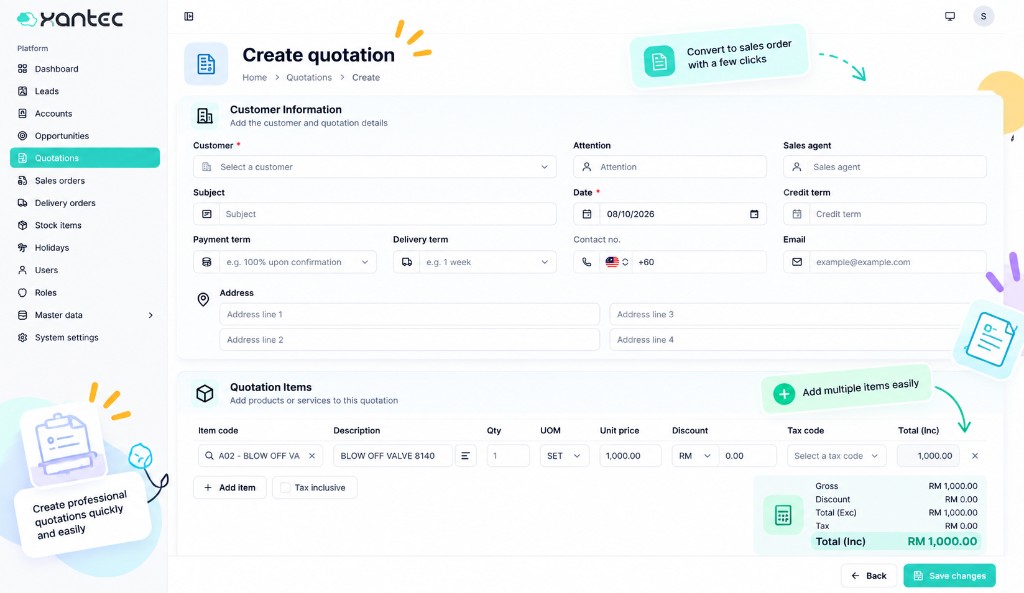 Create quotation form with customer details and quotation items