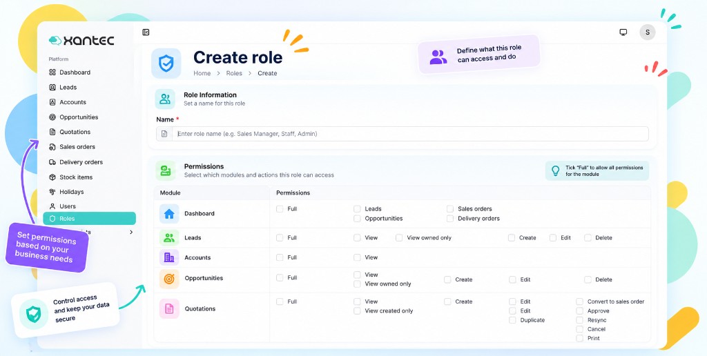 Create role screen for module permissions such as leads, accounts, and quotations
